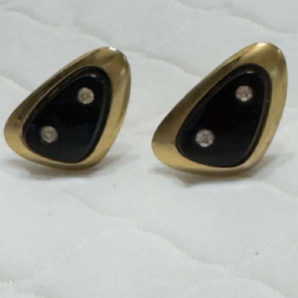 Vintage Sarah Coventry Cufflink Faux Black Onyx Rhinestones MCM Retro Triangle